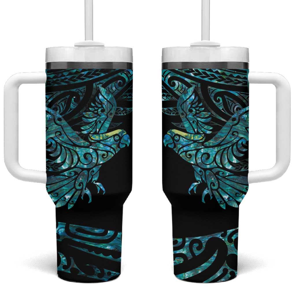 New Zealand Sulphur-crested Cockatoo Tumbler With Handle Aotearoa Maori Mix Paua Shell LT14 One Size: 40 oz Turquoise - Polynesian Pride