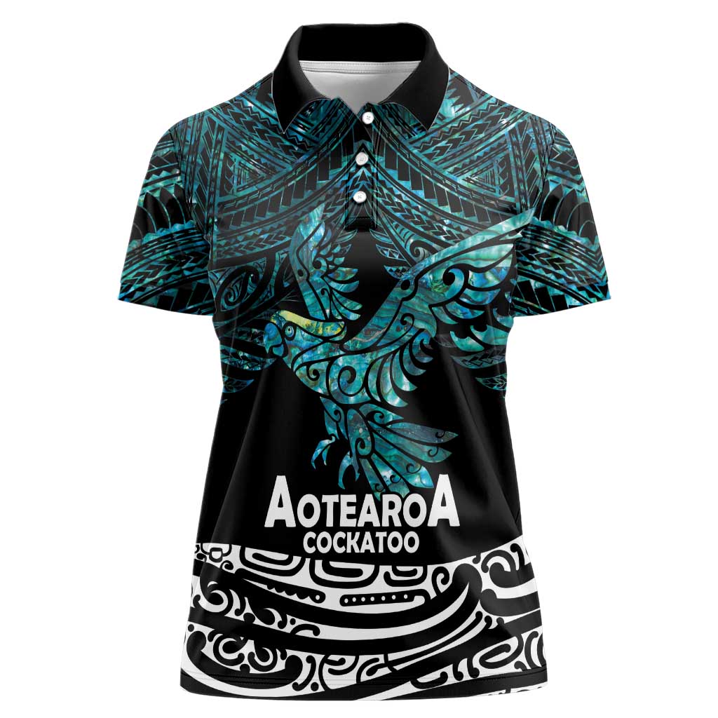 New Zealand Sulphur-crested Cockatoo Women Polo Shirt Aotearoa Maori Mix Paua Shell LT14 Female Turquoise - Polynesian Pride