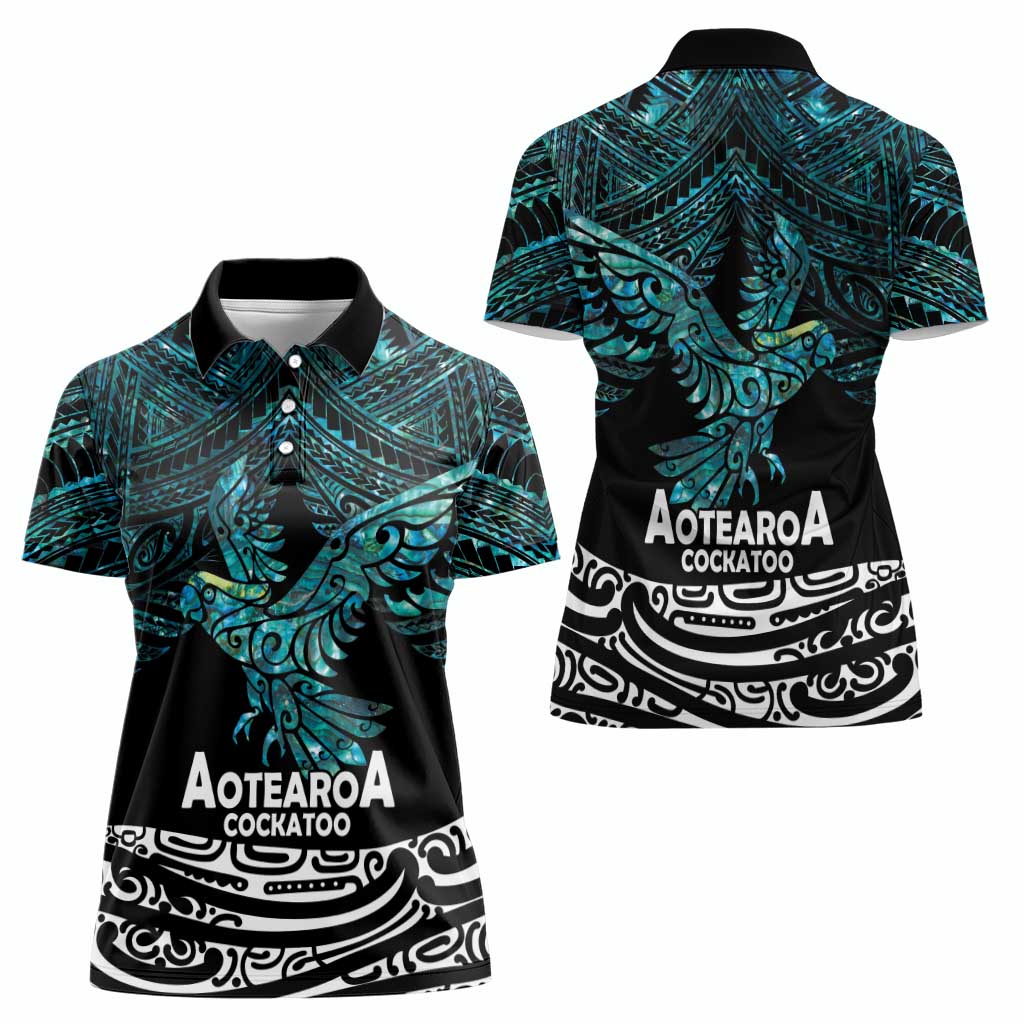 New Zealand Sulphur-crested Cockatoo Women Polo Shirt Aotearoa Maori Mix Paua Shell LT14 - Polynesian Pride
