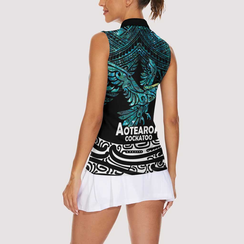 New Zealand Sulphur-crested Cockatoo Women Sleeveless Polo Shirt Aotearoa Maori Mix Paua Shell LT14 - Polynesian Pride