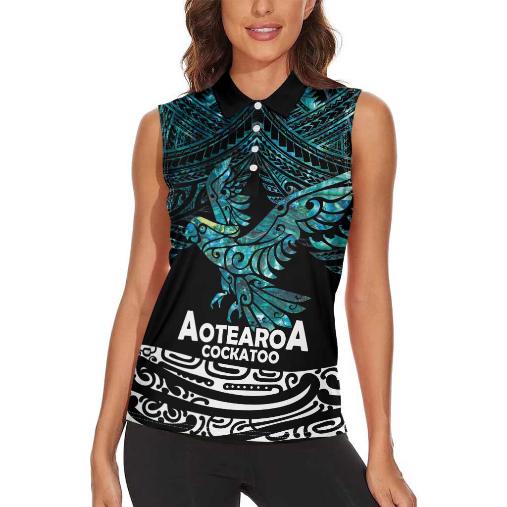 New Zealand Sulphur-crested Cockatoo Women Sleeveless Polo Shirt Aotearoa Maori Mix Paua Shell LT14 - Polynesian Pride