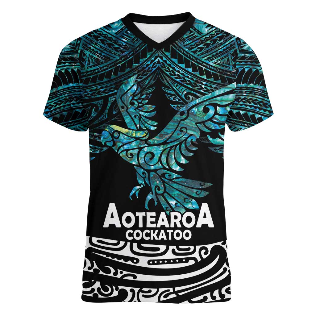 New Zealand Sulphur-crested Cockatoo Women V-Neck T-Shirt Aotearoa Maori Mix Paua Shell LT14 Female Turquoise - Polynesian Pride