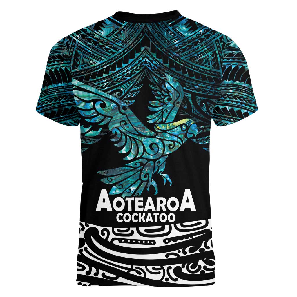New Zealand Sulphur-crested Cockatoo Women V-Neck T-Shirt Aotearoa Maori Mix Paua Shell LT14 - Polynesian Pride