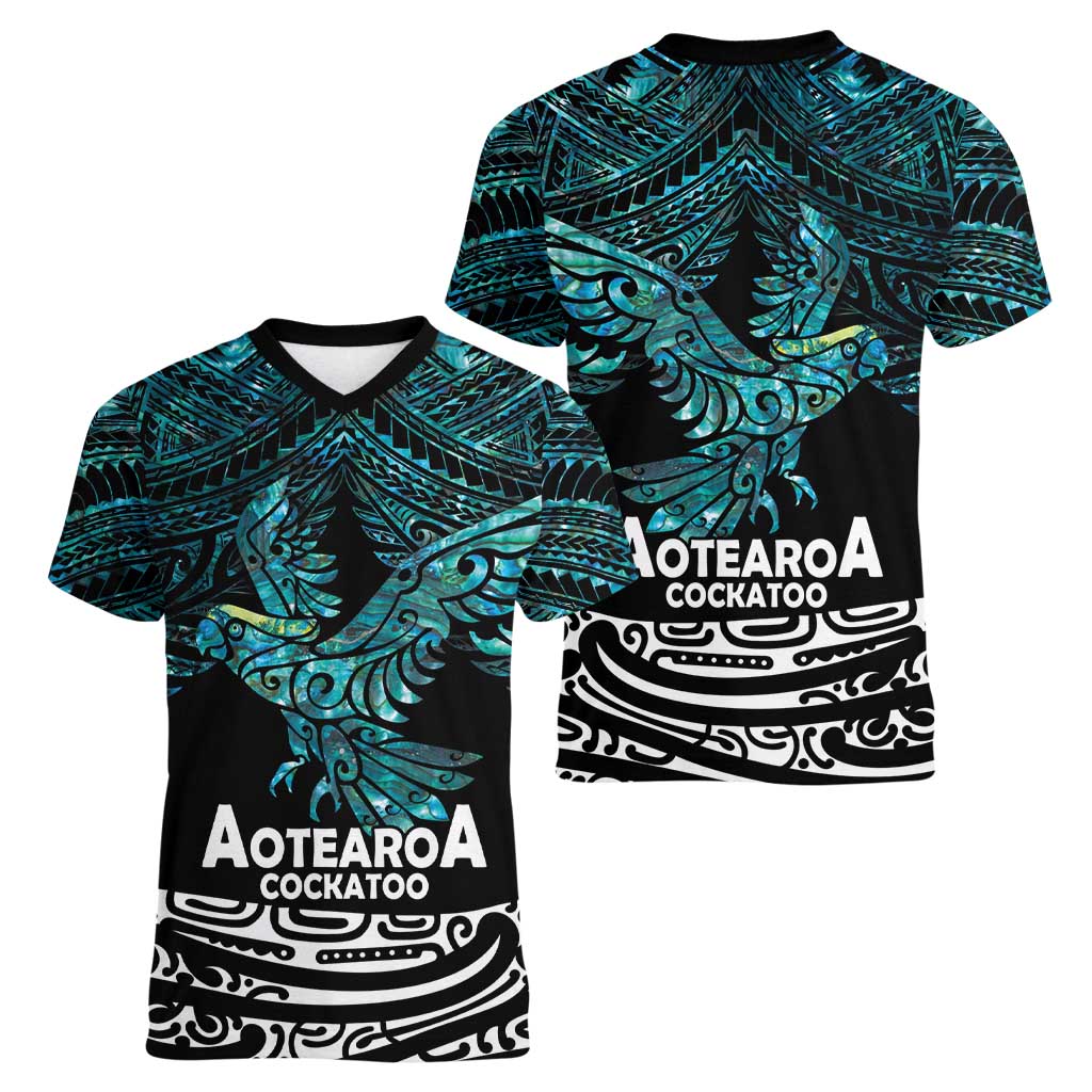 New Zealand Sulphur-crested Cockatoo Women V-Neck T-Shirt Aotearoa Maori Mix Paua Shell LT14 - Polynesian Pride