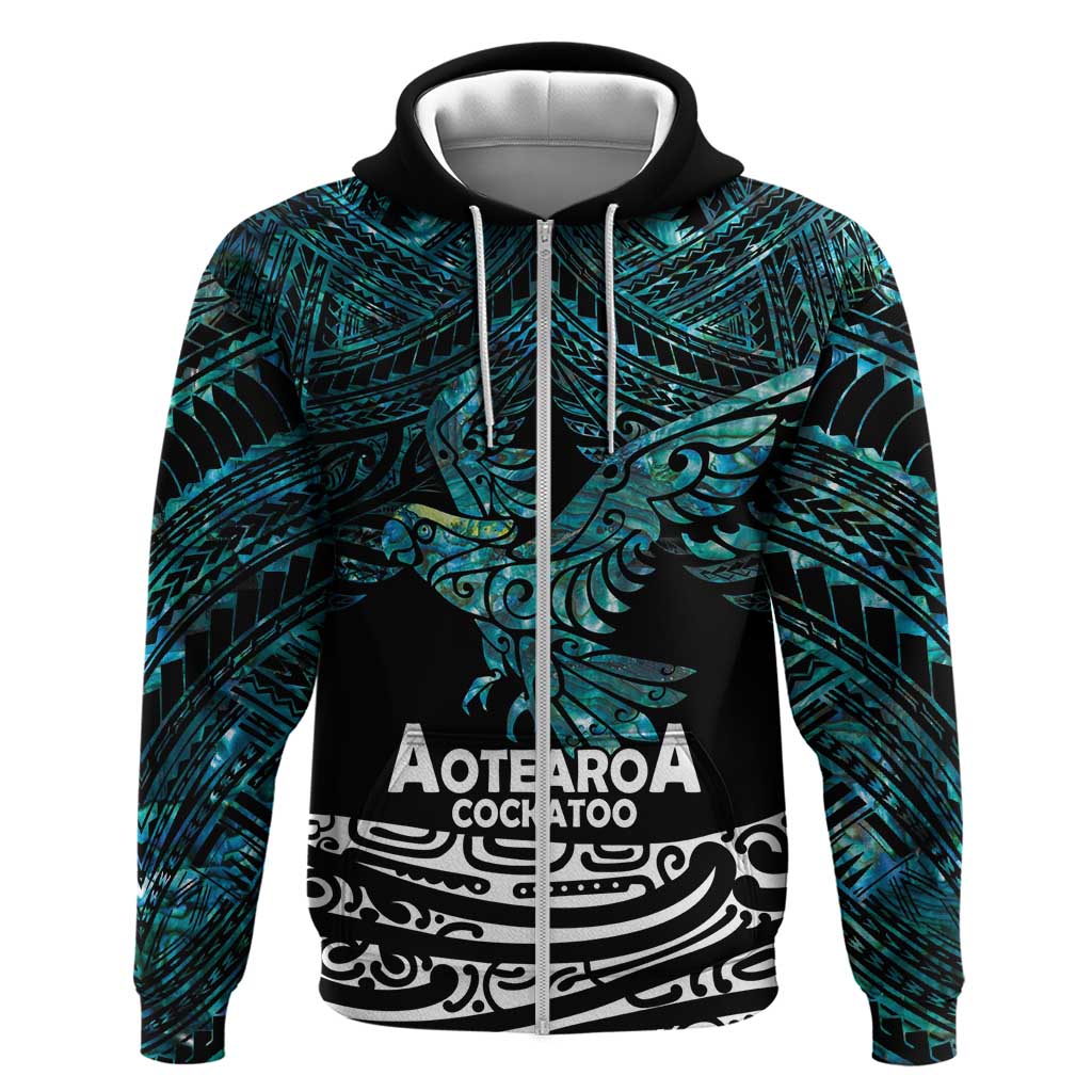 New Zealand Sulphur-crested Cockatoo Zip Hoodie Aotearoa Maori Mix Paua Shell LT14 Zip Hoodie Turquoise - Polynesian Pride