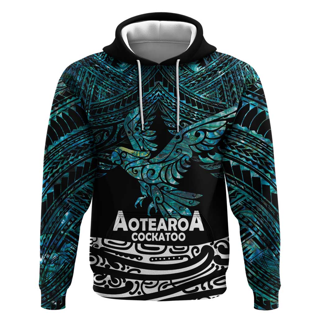 New Zealand Sulphur-crested Cockatoo Zip Hoodie Aotearoa Maori Mix Paua Shell LT14 Pullover Hoodie Turquoise - Polynesian Pride
