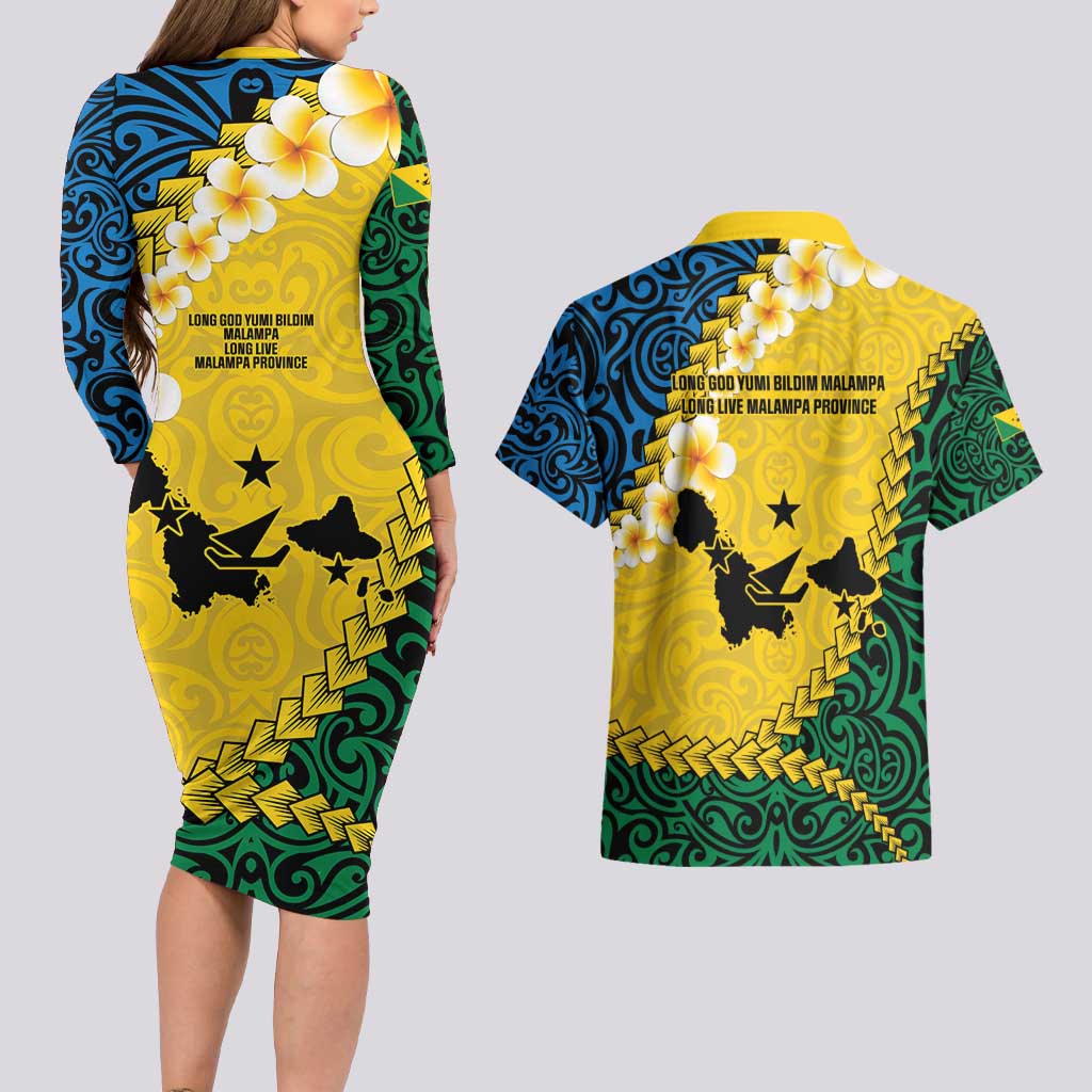 Malampa Province Couples Matching Long Sleeve Bodycon Dress and Hawaiian Shirt Vanuatu Map - Plumeria Flag Color LT14 - Polynesian Pride
