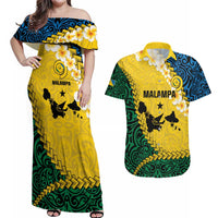 Malampa Province Couples Matching Off Shoulder Maxi Dress and Hawaiian Shirt Vanuatu Map - Plumeria Flag Color LT14 Yellow - Polynesian Pride