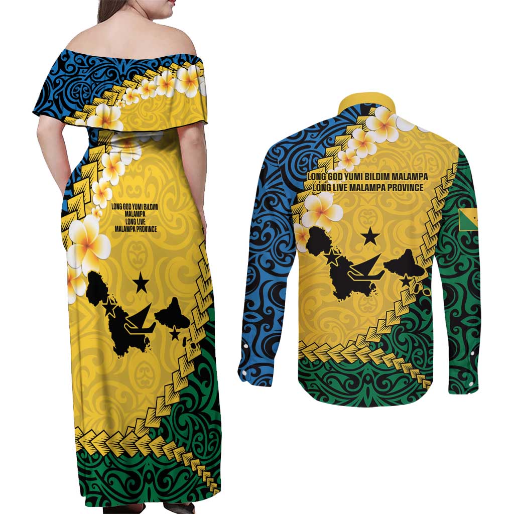 Malampa Province Couples Matching Off Shoulder Maxi Dress and Long Sleeve Button Shirt Vanuatu Map - Plumeria Flag Color LT14 - Polynesian Pride
