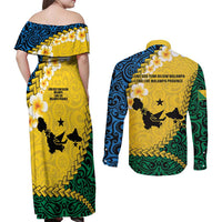 Malampa Province Couples Matching Off Shoulder Maxi Dress and Long Sleeve Button Shirt Vanuatu Map - Plumeria Flag Color LT14 - Polynesian Pride