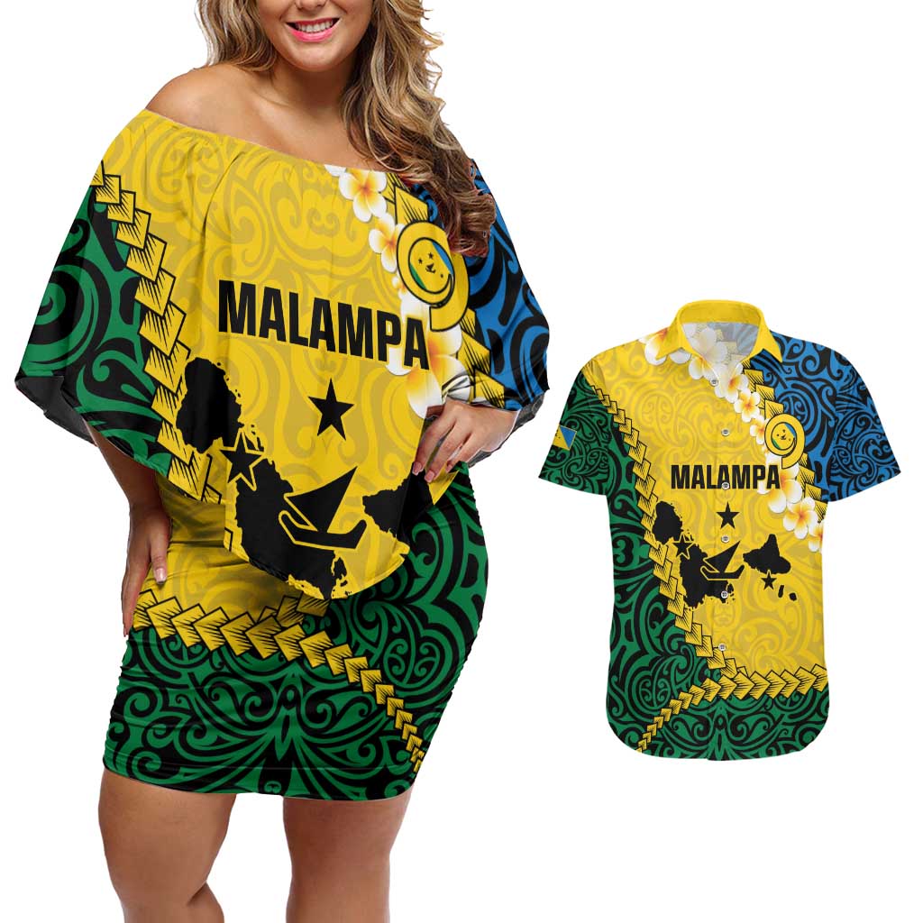Malampa Province Couples Matching Off Shoulder Short Dress and Hawaiian Shirt Vanuatu Map - Plumeria Flag Color LT14 Yellow - Polynesian Pride