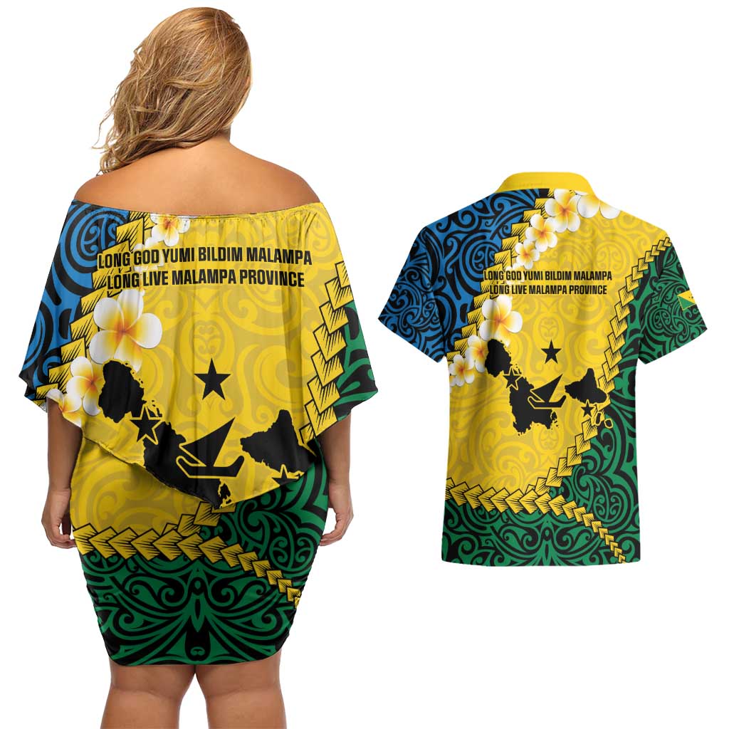 Malampa Province Couples Matching Off Shoulder Short Dress and Hawaiian Shirt Vanuatu Map - Plumeria Flag Color LT14 - Polynesian Pride