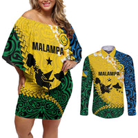 Malampa Province Couples Matching Off Shoulder Short Dress and Long Sleeve Button Shirt Vanuatu Map - Plumeria Flag Color LT14 Yellow - Polynesian Pride