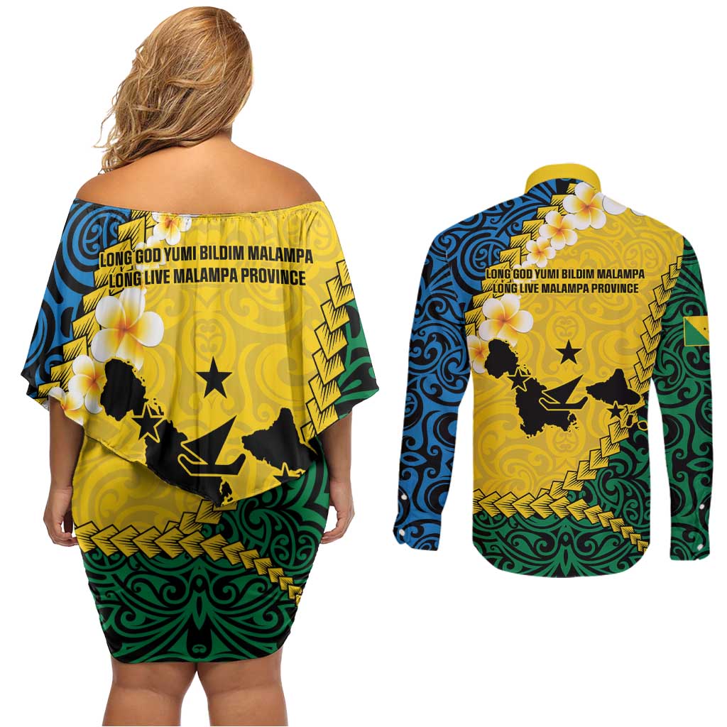 Malampa Province Couples Matching Off Shoulder Short Dress and Long Sleeve Button Shirt Vanuatu Map - Plumeria Flag Color LT14 - Polynesian Pride