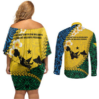 Malampa Province Couples Matching Off Shoulder Short Dress and Long Sleeve Button Shirt Vanuatu Map - Plumeria Flag Color LT14 - Polynesian Pride