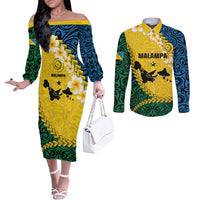 Malampa Province Couples Matching Off The Shoulder Long Sleeve Dress and Long Sleeve Button Shirt Vanuatu Map - Plumeria Flag Color LT14 Yellow - Polynesian Pride