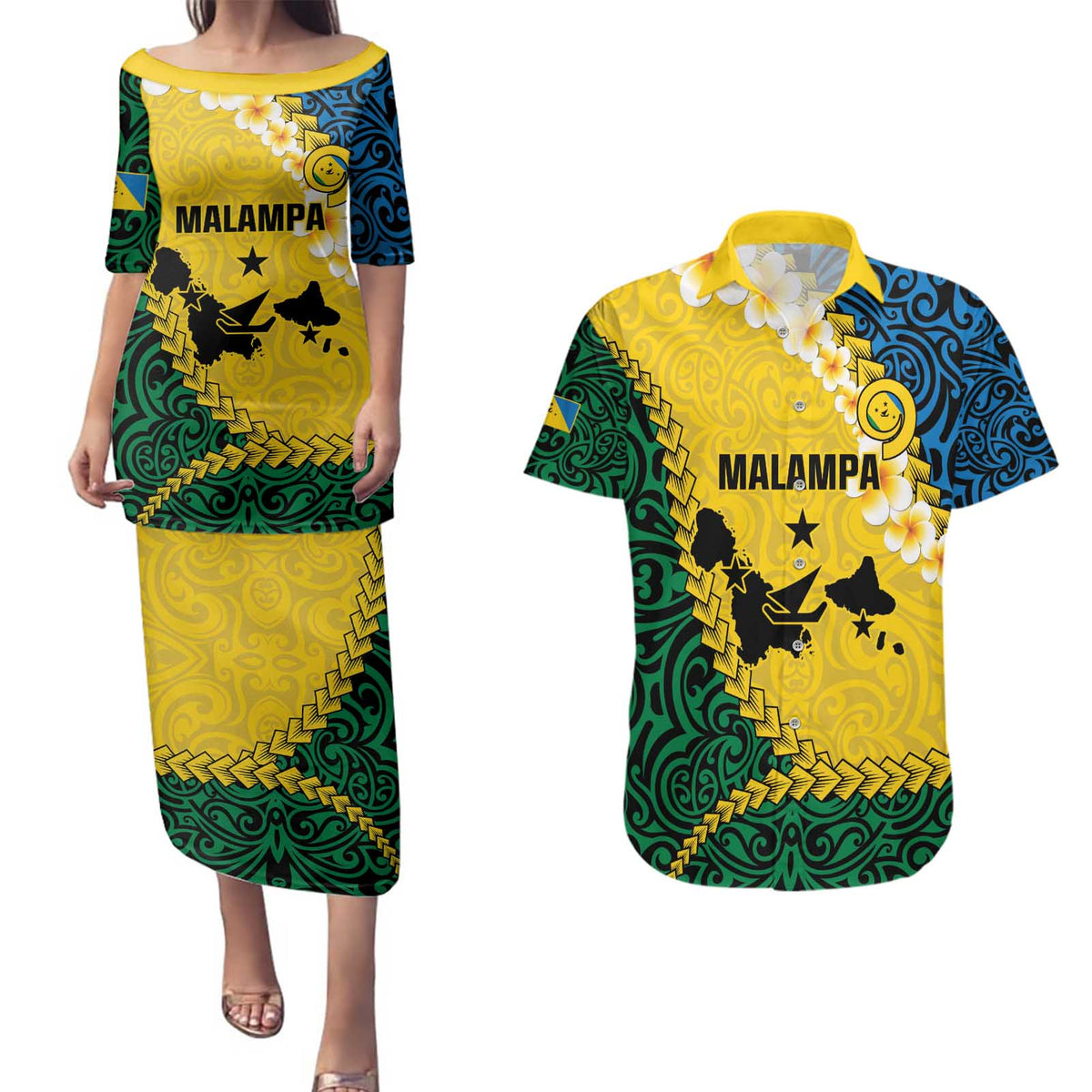 Malampa Province Couples Matching Puletasi and Hawaiian Shirt Vanuatu Map - Plumeria Flag Color LT14 Yellow - Polynesian Pride