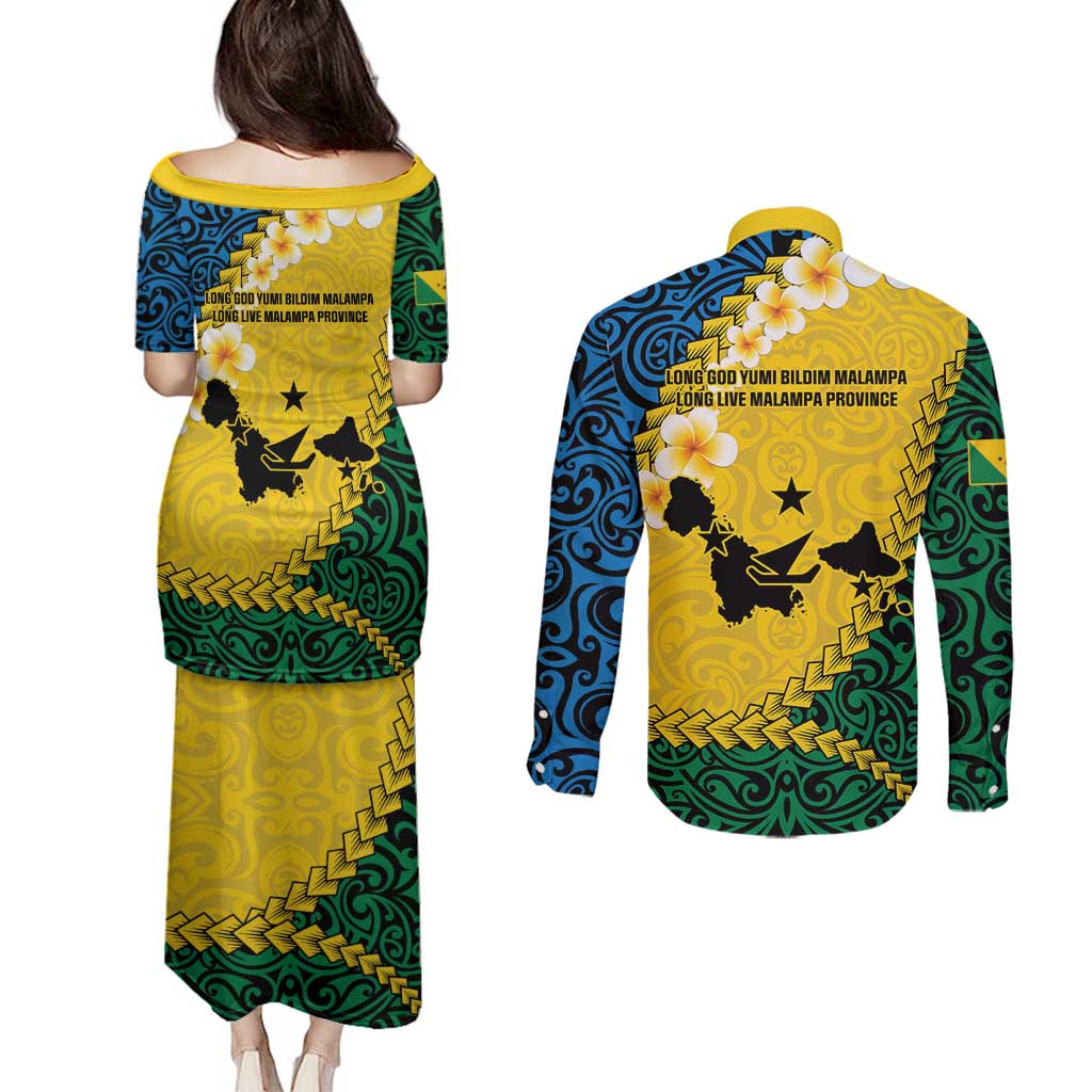Malampa Province Couples Matching Puletasi and Long Sleeve Button Shirt Vanuatu Map - Plumeria Flag Color LT14 - Polynesian Pride