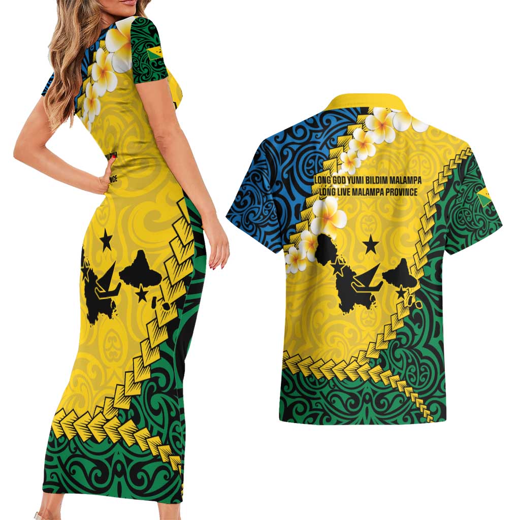 Malampa Province Couples Matching Short Sleeve Bodycon Dress and Hawaiian Shirt Vanuatu Map - Plumeria Flag Color LT14 - Polynesian Pride