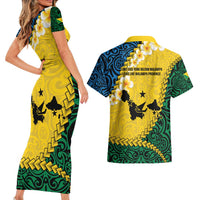 Malampa Province Couples Matching Short Sleeve Bodycon Dress and Hawaiian Shirt Vanuatu Map - Plumeria Flag Color LT14 - Polynesian Pride