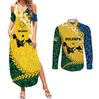 Malampa Province Couples Matching Summer Maxi Dress and Long Sleeve Button Shirt Vanuatu Map - Plumeria Flag Color LT14 Yellow - Polynesian Pride