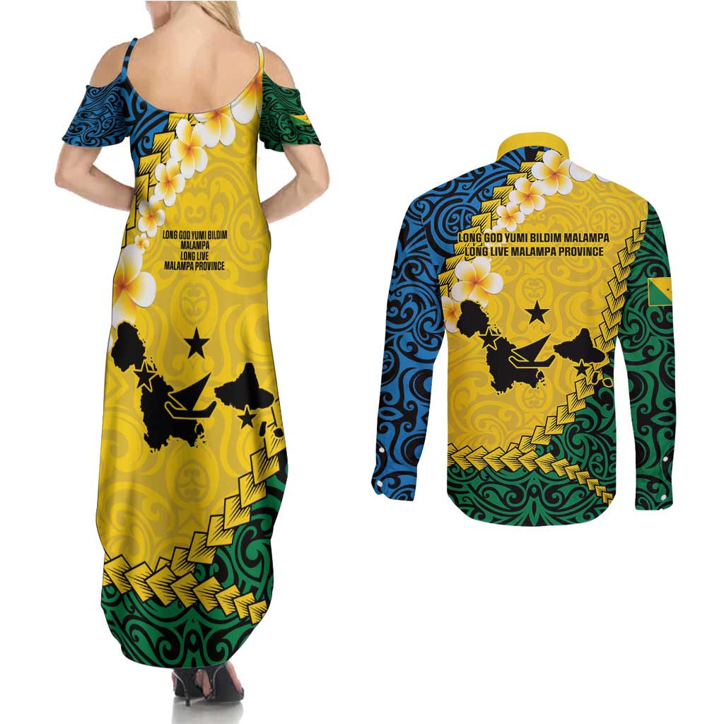 Malampa Province Couples Matching Summer Maxi Dress and Long Sleeve Button Shirt Vanuatu Map - Plumeria Flag Color LT14 - Polynesian Pride