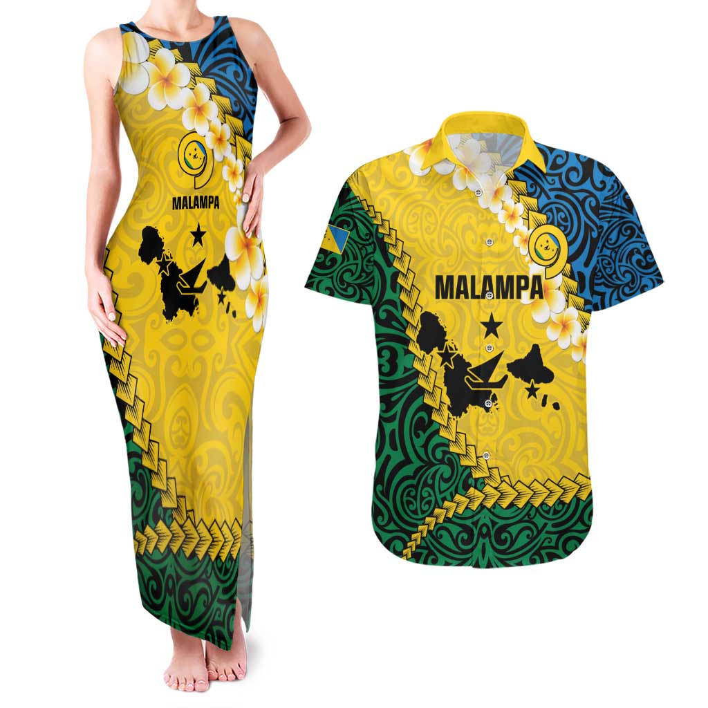 Malampa Province Couples Matching Tank Maxi Dress and Hawaiian Shirt Vanuatu Map - Plumeria Flag Color LT14 Yellow - Polynesian Pride