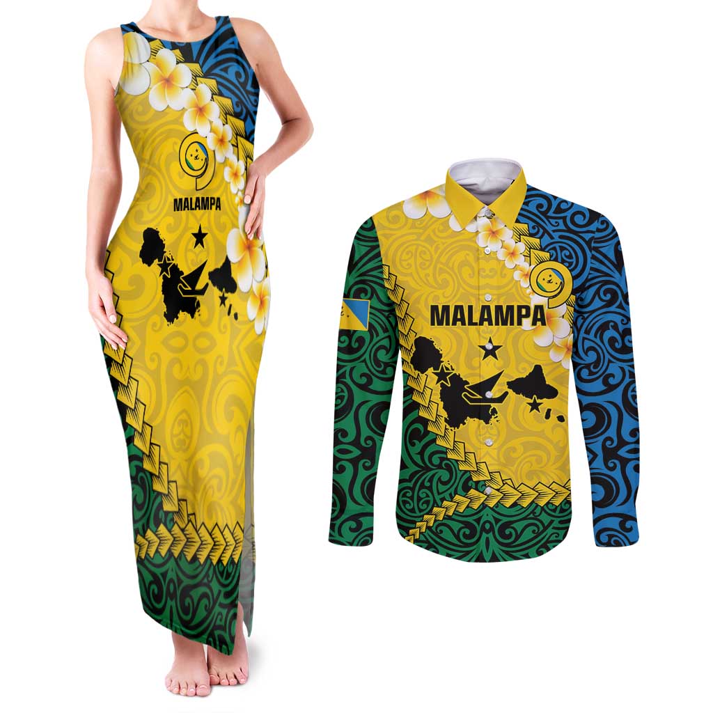 Malampa Province Couples Matching Tank Maxi Dress and Long Sleeve Button Shirt Vanuatu Map - Plumeria Flag Color LT14 Yellow - Polynesian Pride