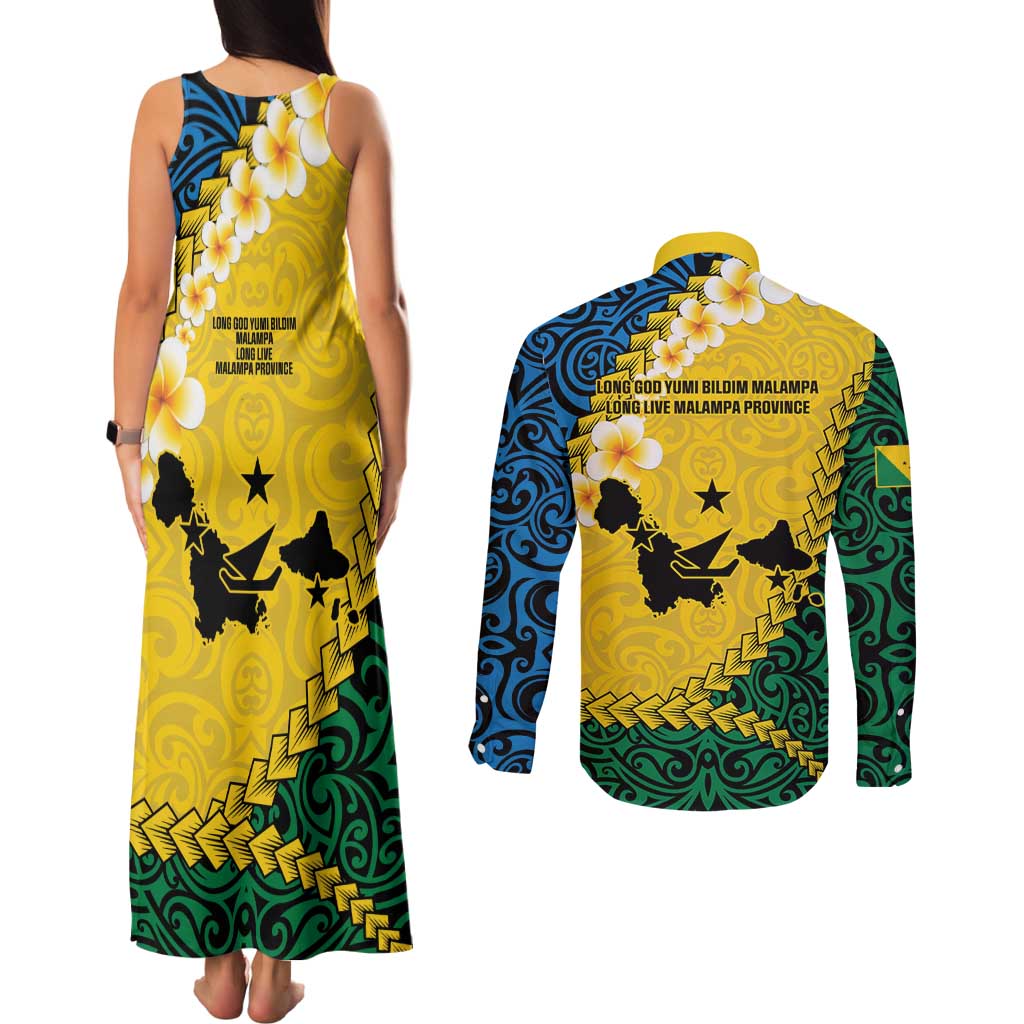 Malampa Province Couples Matching Tank Maxi Dress and Long Sleeve Button Shirt Vanuatu Map - Plumeria Flag Color LT14 - Polynesian Pride