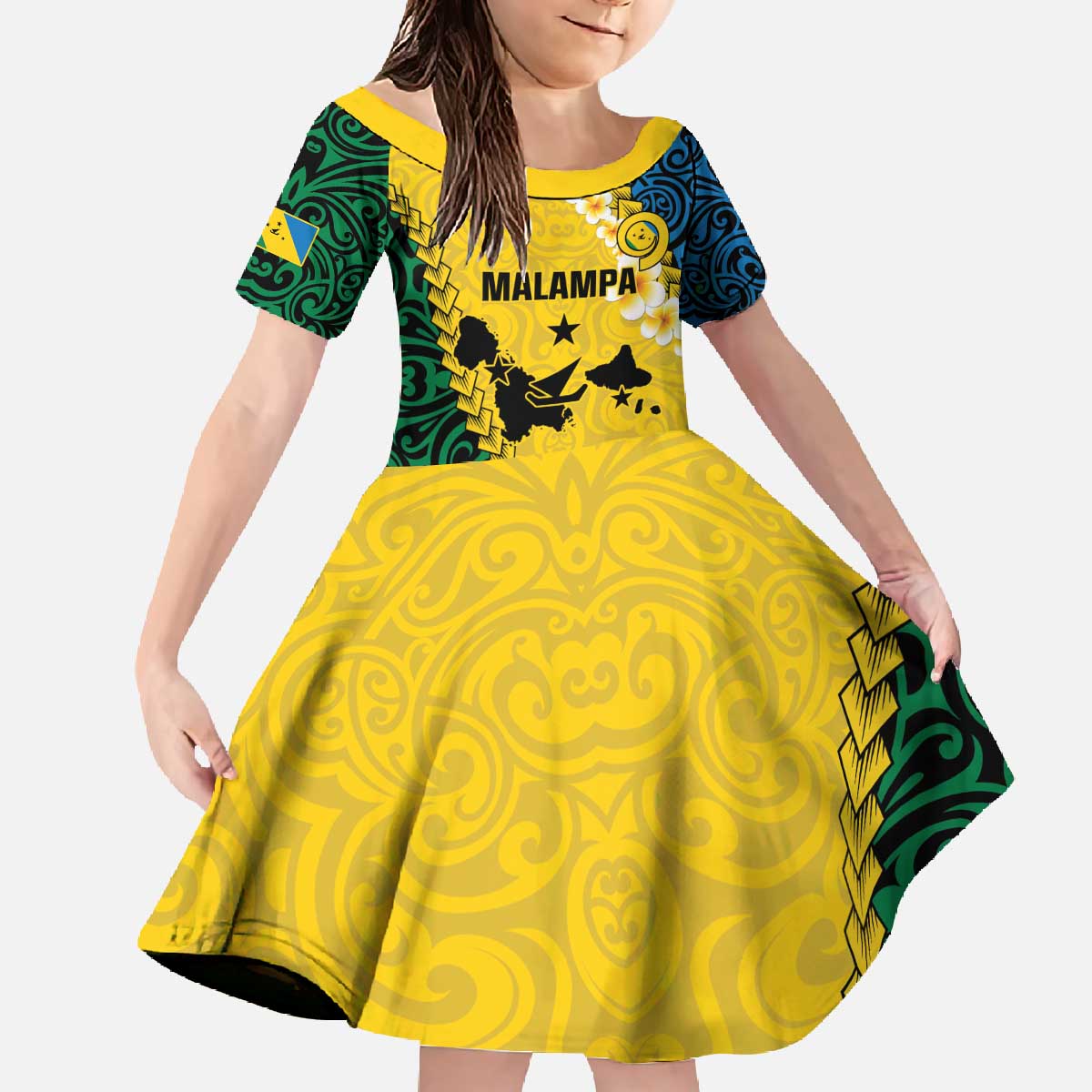 Malampa Province Family Matching Off The Shoulder Long Sleeve Dress and Hawaiian Shirt Vanuatu Map - Plumeria Flag Color LT14 Daughter's Dress Yellow - Polynesian Pride