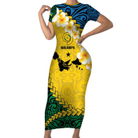 Malampa Province Short Sleeve Bodycon Dress Vanuatu Map - Plumeria Flag Color LT14 Long Dress Yellow - Polynesian Pride