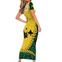 Malampa Province Short Sleeve Bodycon Dress Vanuatu Map - Plumeria Flag Color LT14 - Polynesian Pride