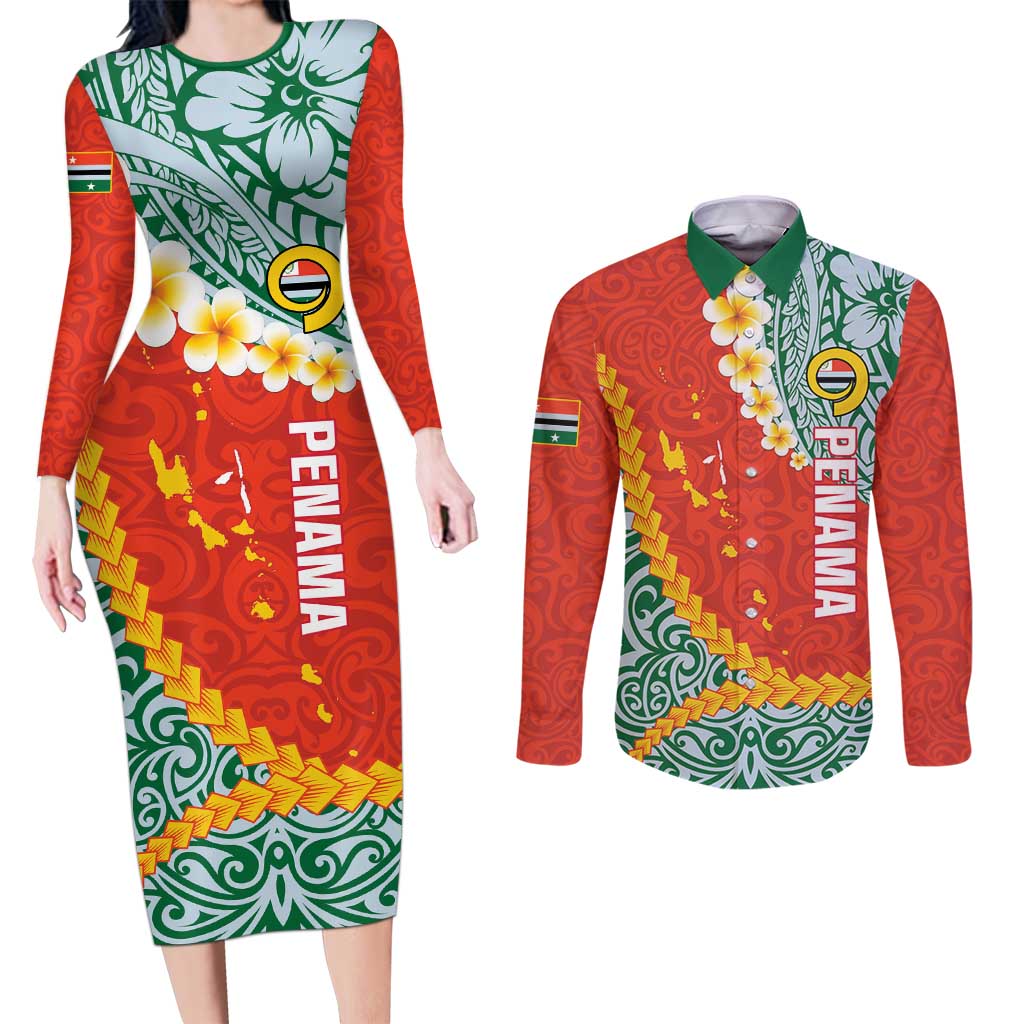 Penama Province Couples Matching Long Sleeve Bodycon Dress and Long Sleeve Button Shirt Vanuatu Map - Plumeria Flag Color LT14 Red - Polynesian Pride