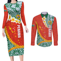 Penama Province Couples Matching Long Sleeve Bodycon Dress and Long Sleeve Button Shirt Vanuatu Map - Plumeria Flag Color LT14 Red - Polynesian Pride