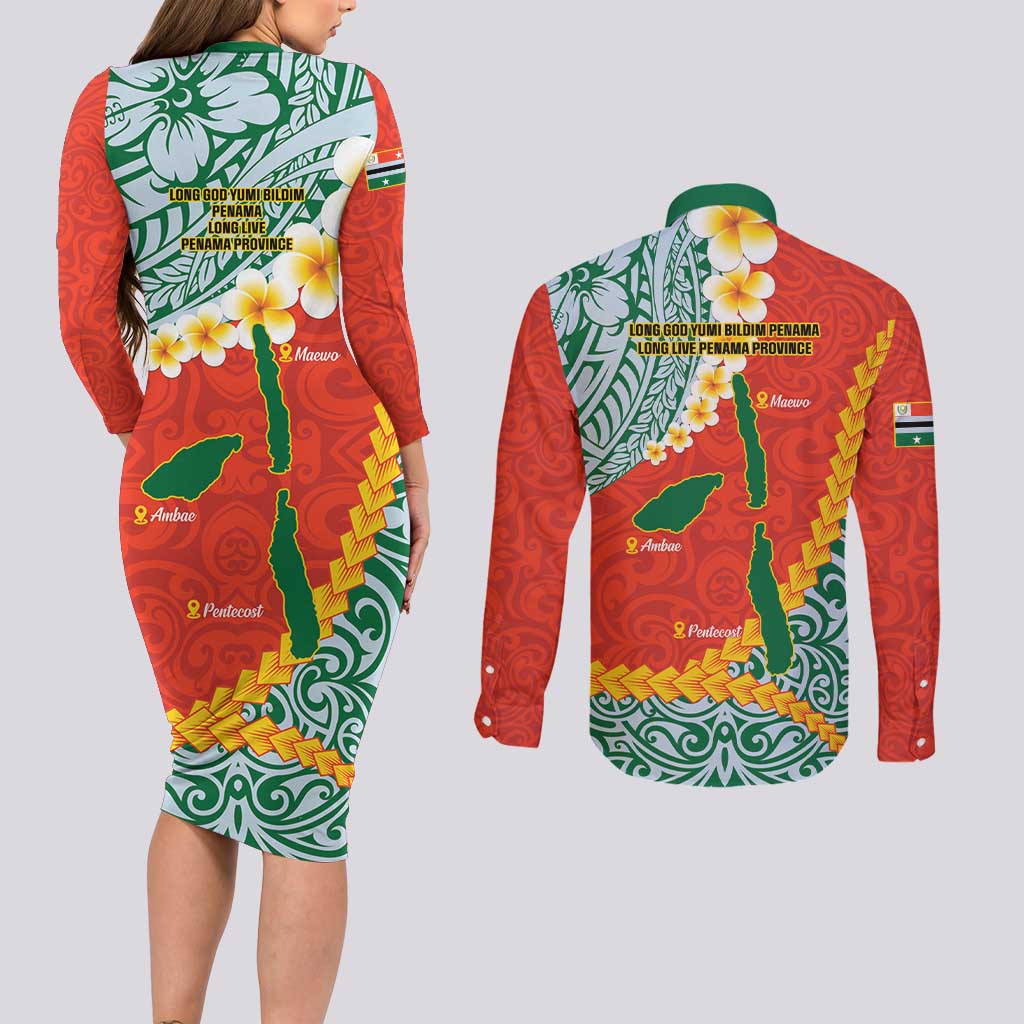 Penama Province Couples Matching Long Sleeve Bodycon Dress and Long Sleeve Button Shirt Vanuatu Map - Plumeria Flag Color LT14 - Polynesian Pride