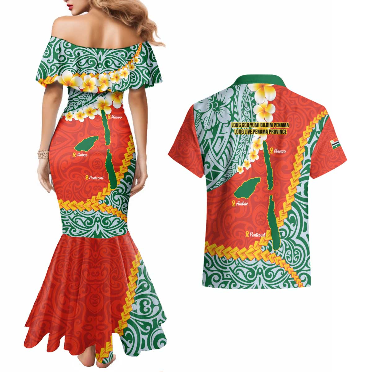 Penama Province Couples Matching Mermaid Dress and Hawaiian Shirt Vanuatu Map - Plumeria Flag Color LT14 - Polynesian Pride