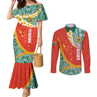 Penama Province Couples Matching Mermaid Dress and Long Sleeve Button Shirt Vanuatu Map - Plumeria Flag Color LT14 Red - Polynesian Pride