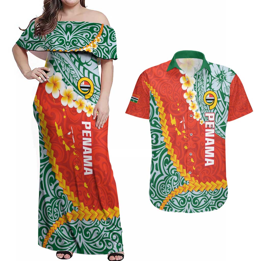 Penama Province Couples Matching Off Shoulder Maxi Dress and Hawaiian Shirt Vanuatu Map - Plumeria Flag Color LT14 Red - Polynesian Pride