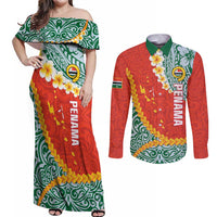 Penama Province Couples Matching Off Shoulder Maxi Dress and Long Sleeve Button Shirt Vanuatu Map - Plumeria Flag Color LT14 Red - Polynesian Pride