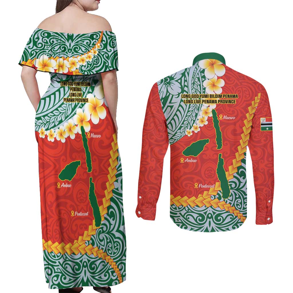 Penama Province Couples Matching Off Shoulder Maxi Dress and Long Sleeve Button Shirt Vanuatu Map - Plumeria Flag Color LT14 - Polynesian Pride