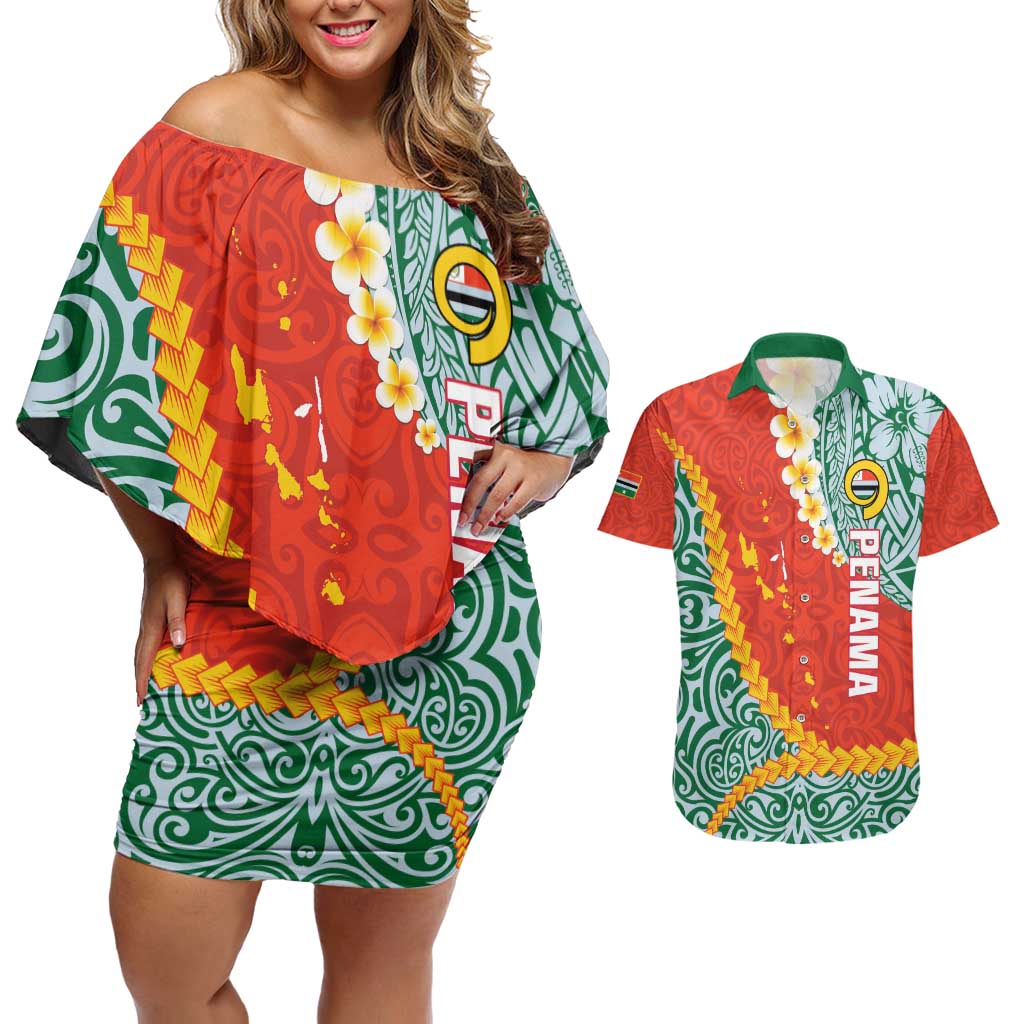 Penama Province Couples Matching Off Shoulder Short Dress and Hawaiian Shirt Vanuatu Map - Plumeria Flag Color LT14 Red - Polynesian Pride