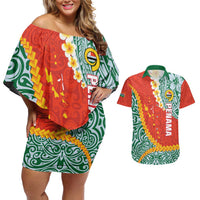 Penama Province Couples Matching Off Shoulder Short Dress and Hawaiian Shirt Vanuatu Map - Plumeria Flag Color LT14 Red - Polynesian Pride