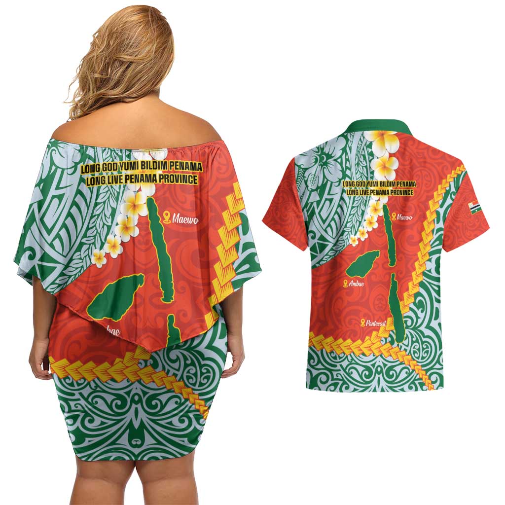 Penama Province Couples Matching Off Shoulder Short Dress and Hawaiian Shirt Vanuatu Map - Plumeria Flag Color LT14 - Polynesian Pride