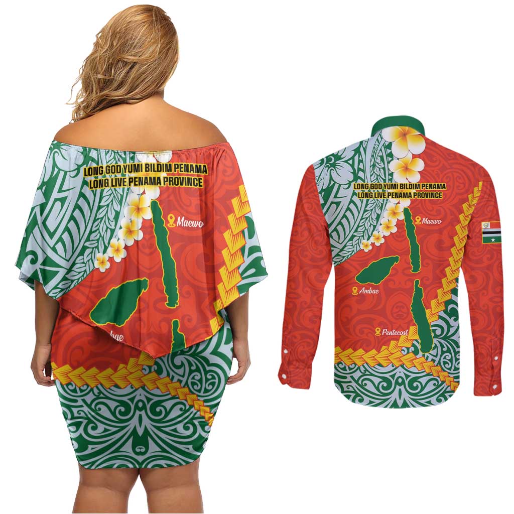 Penama Province Couples Matching Off Shoulder Short Dress and Long Sleeve Button Shirt Vanuatu Map - Plumeria Flag Color LT14 - Polynesian Pride