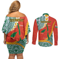 Penama Province Couples Matching Off Shoulder Short Dress and Long Sleeve Button Shirt Vanuatu Map - Plumeria Flag Color LT14 - Polynesian Pride