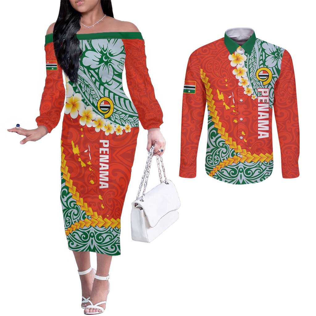 Penama Province Couples Matching Off The Shoulder Long Sleeve Dress and Long Sleeve Button Shirt Vanuatu Map - Plumeria Flag Color LT14 Red - Polynesian Pride