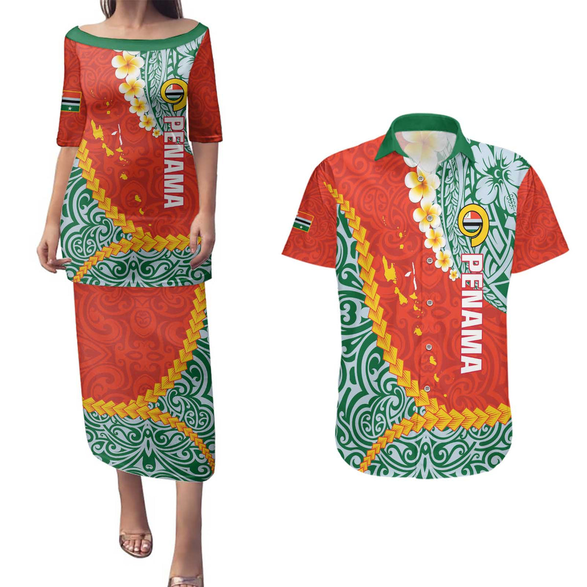 Penama Province Couples Matching Puletasi and Hawaiian Shirt Vanuatu Map - Plumeria Flag Color LT14 Red - Polynesian Pride