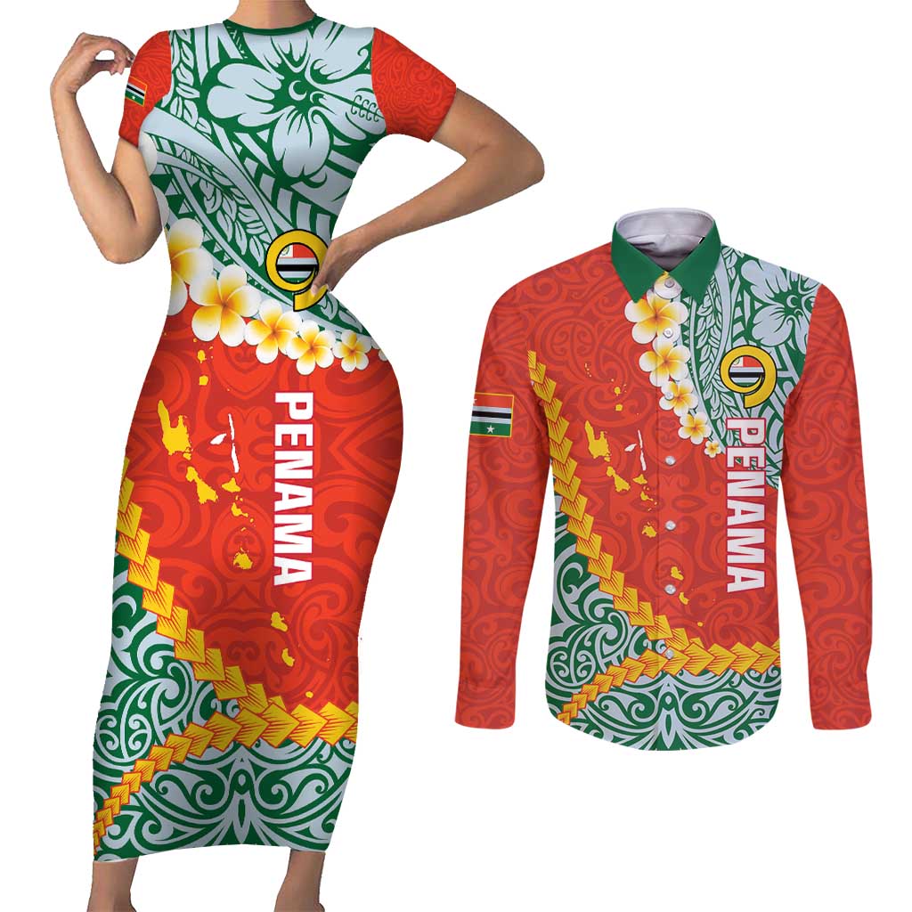 Penama Province Couples Matching Short Sleeve Bodycon Dress and Long Sleeve Button Shirt Vanuatu Map - Plumeria Flag Color LT14 Red - Polynesian Pride