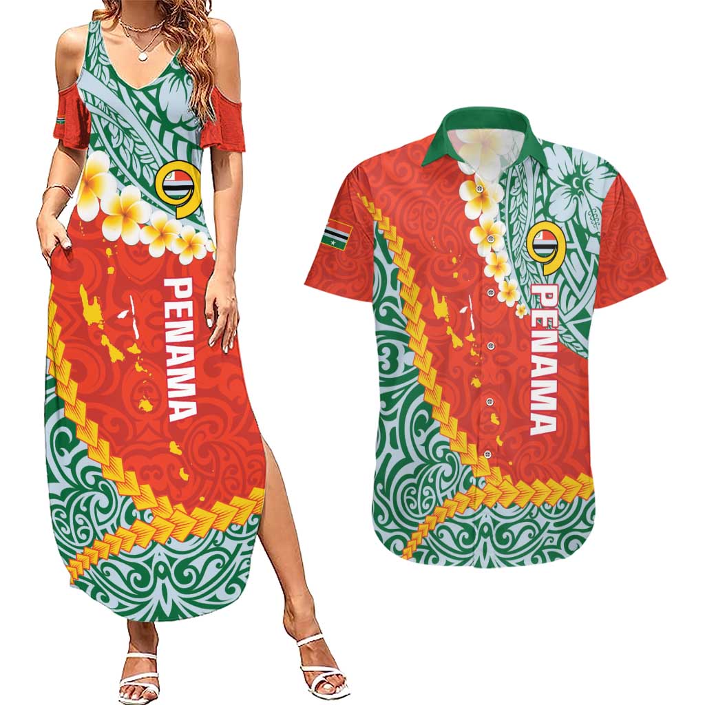 Penama Province Couples Matching Summer Maxi Dress and Hawaiian Shirt Vanuatu Map - Plumeria Flag Color LT14 Red - Polynesian Pride