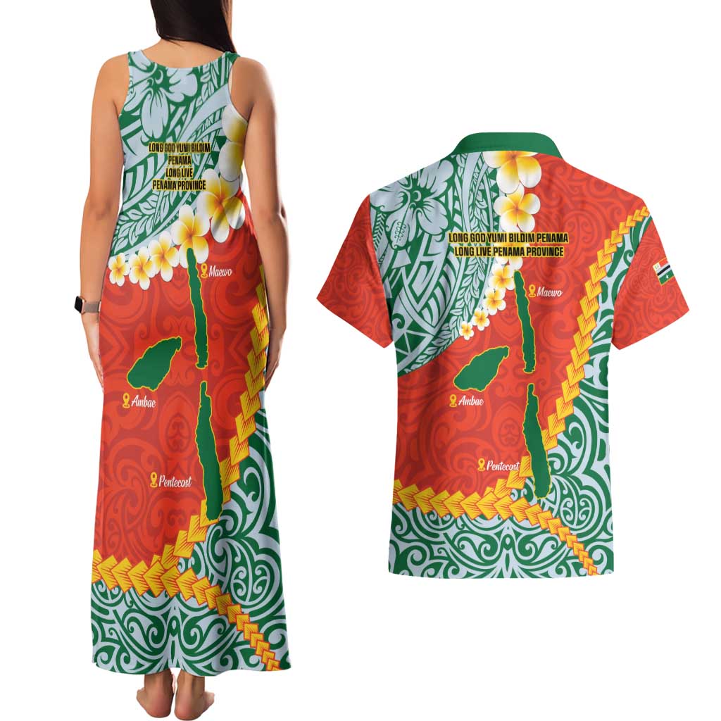 Penama Province Couples Matching Tank Maxi Dress and Hawaiian Shirt Vanuatu Map - Plumeria Flag Color LT14 - Polynesian Pride